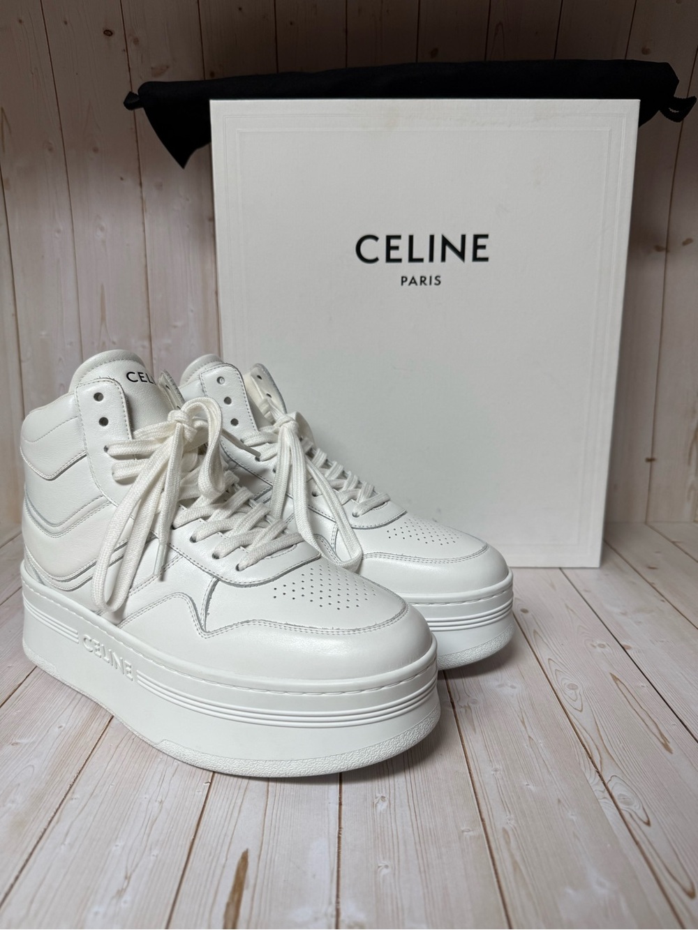 Celine Block Wedge High Top Leather Platform Sneakers Optic White Sz 40 / 10